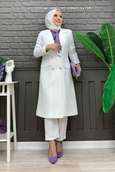 Cep ve Düğme Görünümlü Uzun Ceket Pantolon Takım 8357 Ekru