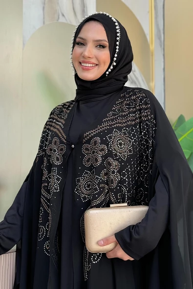 Taş İşlemeli Şifon Pelerinli Elbise Abiye Takım 3651 Siyah - Resim 4