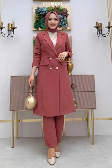 Cep ve Düğme Görünümlü Uzun Ceket Pantolon Takım 8357 Gül Kurusu ürün görseli