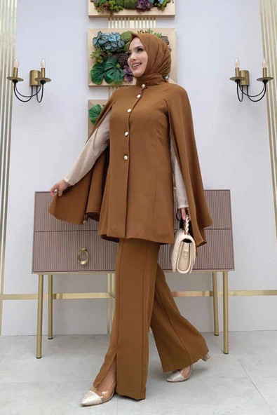 Pelerinli Düğme Detay Ceket ve Pantolon Takım 8354 Taba - Resim 3