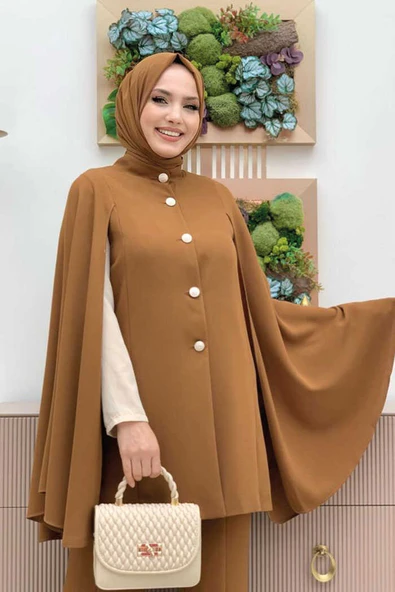 Pelerinli Düğme Detay Ceket ve Pantolon Takım 8354 Taba - Resim 4