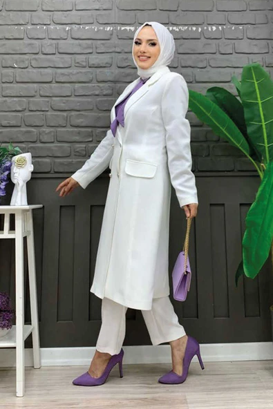 Cep ve Düğme Görünümlü Uzun Ceket Pantolon Takım 8357 Ekru - 6