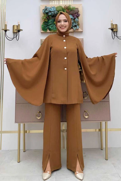 Pelerinli Düğme Detay Ceket ve Pantolon Takım 8354 Taba ürün görseli