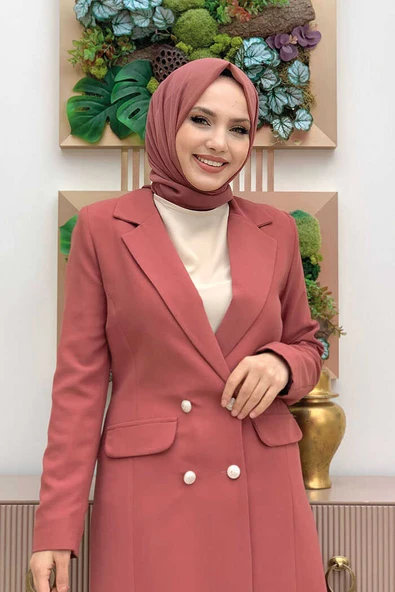 Cep ve Düğme Görünümlü Uzun Ceket Pantolon Takım 8357 Gül Kurusu - Resim 8