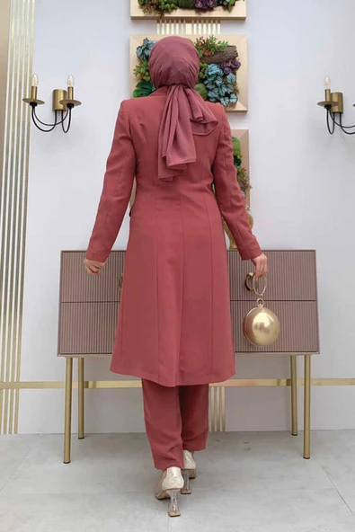 Cep ve Düğme Görünümlü Uzun Ceket Pantolon Takım 8357 Gül Kurusu - Resim 3