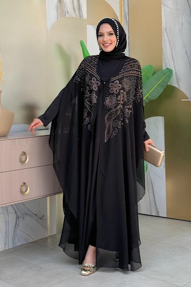 Taş İşlemeli Şifon Pelerinli Elbise Abiye Takım 3651 Siyah - Resim 3