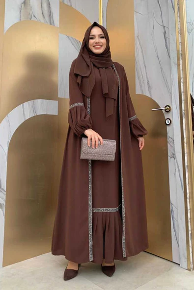 Taş Detaylı Abaya Sıfır Kol Elbise Takım 3657 Kahverengi - 6