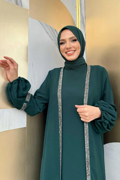 Taş Detaylı Abaya Sıfır Kol Elbise Takım 3657 Zümrüt - Resim 8