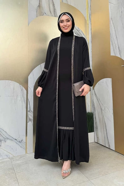 Taş Detaylı Abaya Sıfır Kol Elbise Takım 3657 Siyah