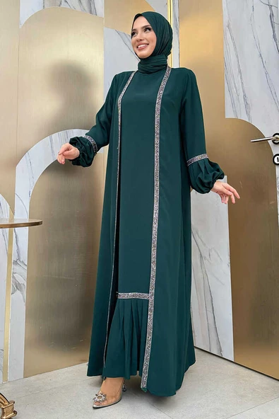Taş Detaylı Abaya Sıfır Kol Elbise Takım 3657 Zümrüt - Resim 7