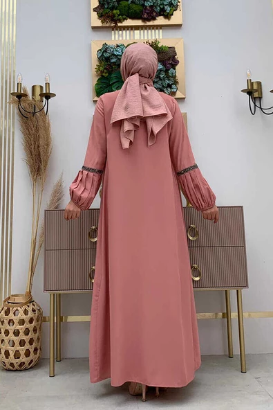 Taş Detaylı Abaya Sıfır Kol Elbise Takım 3657 Pudra - 7