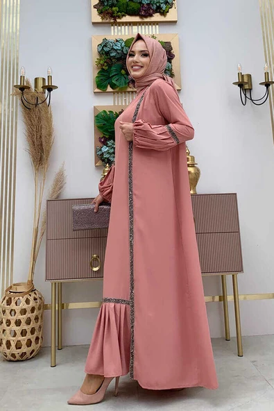 Taş Detaylı Abaya Sıfır Kol Elbise Takım 3657 Pudra - 6