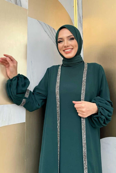 Taş Detaylı Abaya Sıfır Kol Elbise Takım 3657 Zümrüt - Resim 4