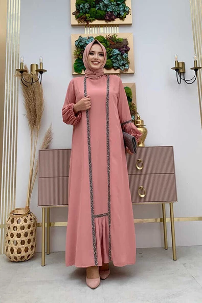 Taş Detaylı Abaya Sıfır Kol Elbise Takım 3657 Pudra - 3