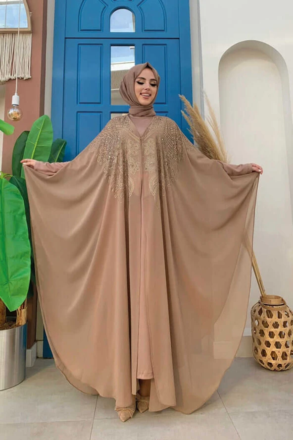 Taş İşlemeli Şifon Pelerinli Elbise Abiye Takım 3651 Vizon