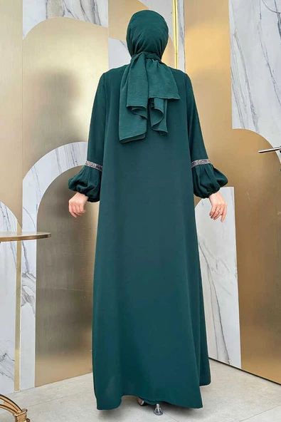 Taş Detaylı Abaya Sıfır Kol Elbise Takım 3657 Zümrüt - Resim 6