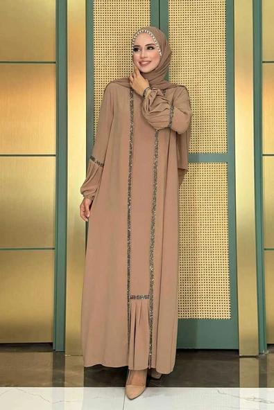 Taş Detaylı Abaya Sıfır Kol Elbise Takım 3657 Vizon