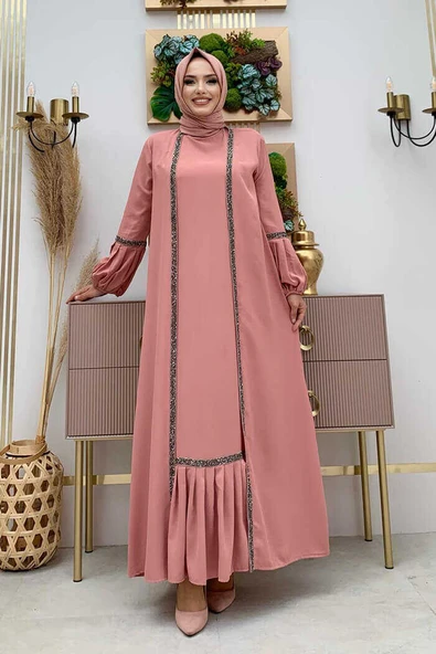 Taş Detaylı Abaya Sıfır Kol Elbise Takım 3657 Pudra - 2