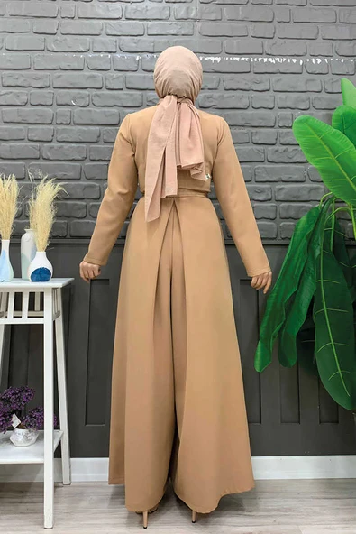 Göğüs Kısmı Gizli Düğme Detaylı Bel Kuşaklı Tulum 3676 Taba - 7