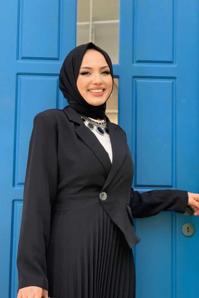 Ceket Görünümlü Eteği Piliseli Elbise 3700 Siyah - 8