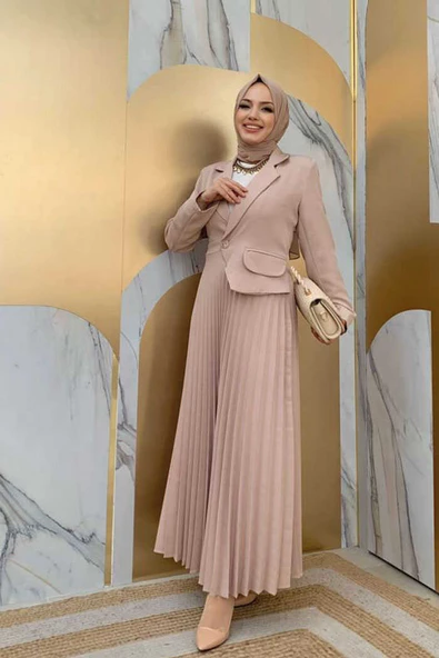 Ceket Görünümlü Eteği Piliseli Elbise 3700 Taş