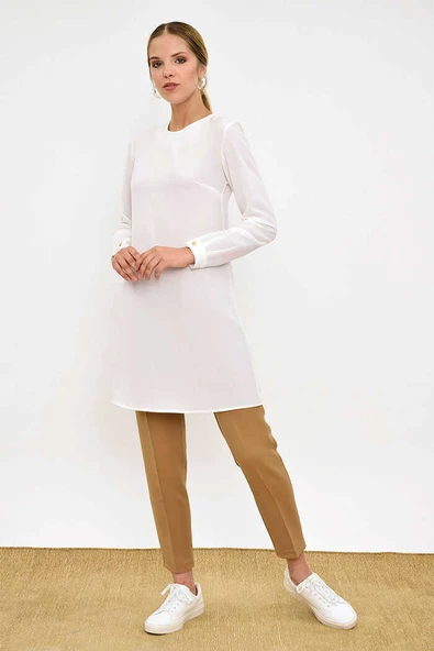 Kol Manşetleri Düğmeli Bisiklet Yaka Uzun Tunik 2649 Ekru - Resim 2