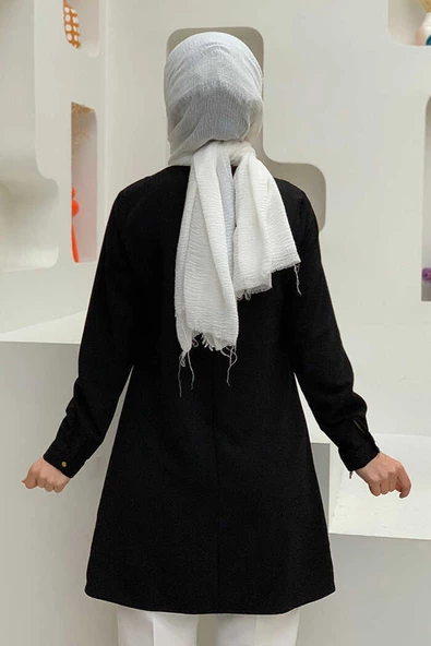 Kol Manşetleri Düğmeli Bisiklet Yaka Uzun Tunik 2649 Siyah - Resim 2