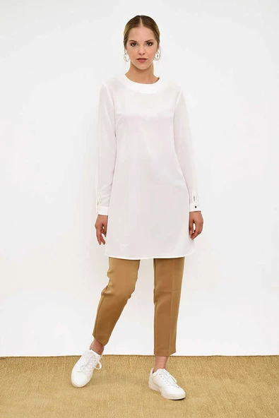 Kol Manşetleri Düğmeli Bisiklet Yaka Uzun Tunik 2649 Ekru - Resim 3