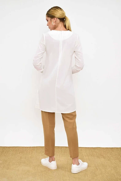 Kol Manşetleri Düğmeli Bisiklet Yaka Uzun Tunik 2649 Ekru - Resim 4