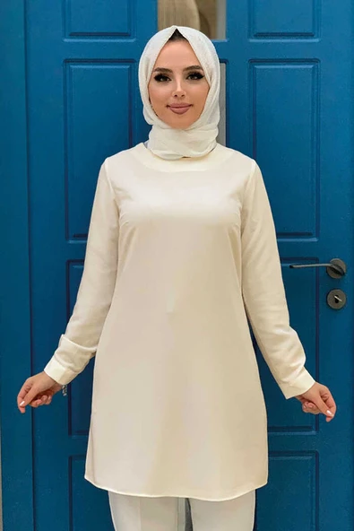 Kol Manşetleri Düğmeli Bisiklet Yaka Uzun Tunik 2649 Taş ürün görseli