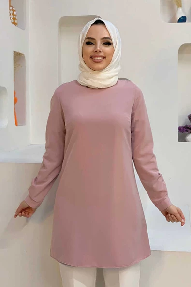 Kol Manşetleri Düğmeli Bisiklet Yaka Uzun Tunik 2649 Pudra