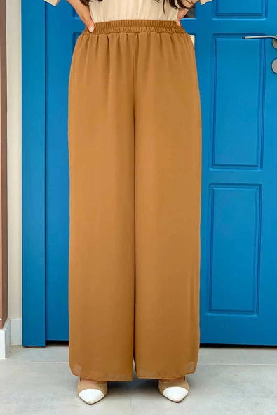 Bel Lastikli Astarlı Şifon Pantolon 0267 Taba