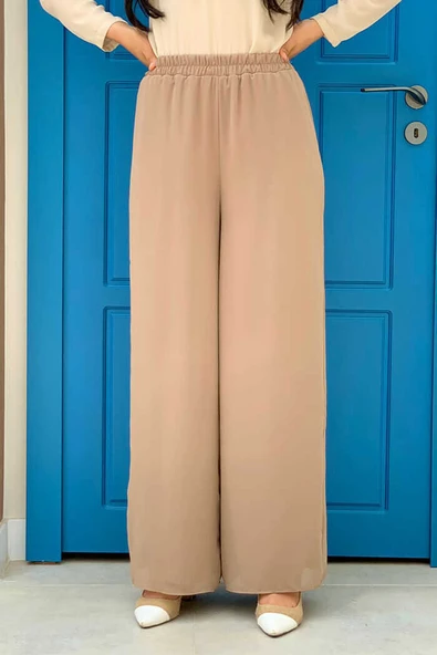 Bel Lastikli Astarlı Şifon Pantolon 0267 Vizon