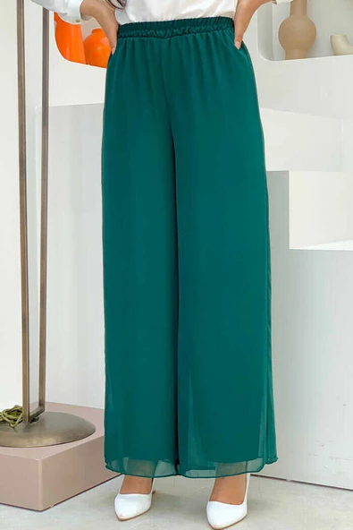Bel Lastikli Astarlı Şifon Pantolon 0267 Zümrüt