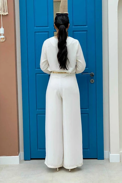 Fermuarlı Kemer Aksesuarlı Pantolon Etek 0125 Ekru - 4