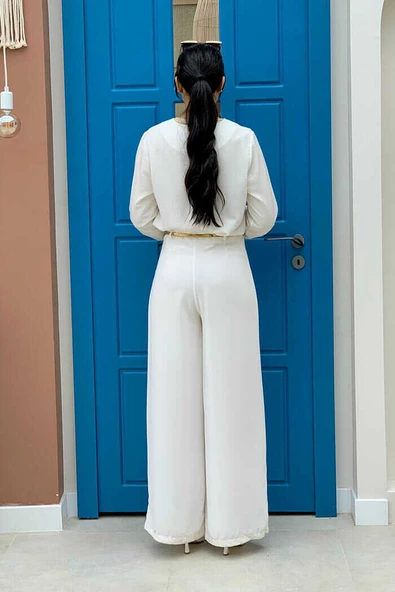 Fermuarlı Kemer Aksesuarlı Pantolon Etek 0125 Ekru - 3