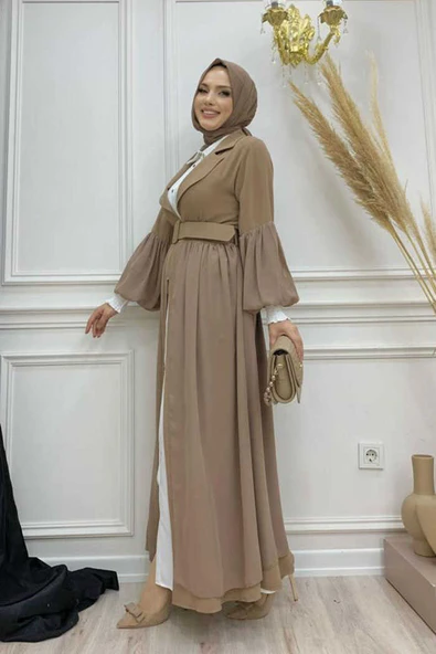 Kemer Aksesualrı Şifon Detaylı Abaya ve İçlik Takım 8391 Vizon - 6