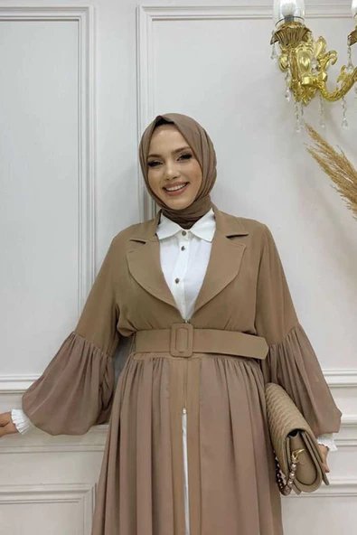 Kemer Aksesualrı Şifon Detaylı Abaya ve İçlik Takım 8391 Vizon - 4