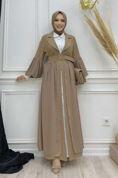 Kemer Aksesualrı Şifon Detaylı Abaya ve İçlik Takım 8391 Vizon - 5