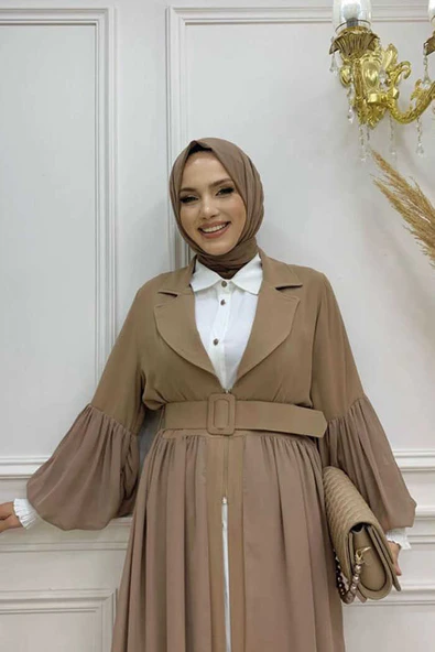 Kemer Aksesualrı Şifon Detaylı Abaya ve İçlik Takım 8391 Vizon - 8