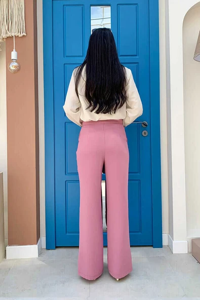 Fermuarlı Yırtmaç Detaylı Cepli Krep Pantolon 0271 Pudra - Resim 4