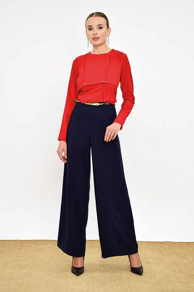 Fermuarlı Kemer Aksesuarlı Pantolon Etek 0125 Lacivert - 5