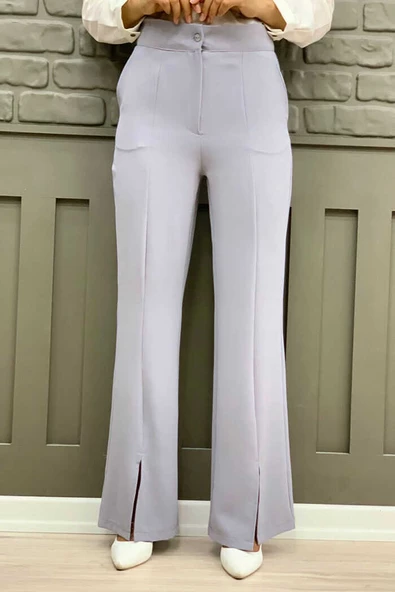 Fermuarlı Yırtmaç Detaylı Cepli Krep Pantolon 0271 Gri ürün görseli 1