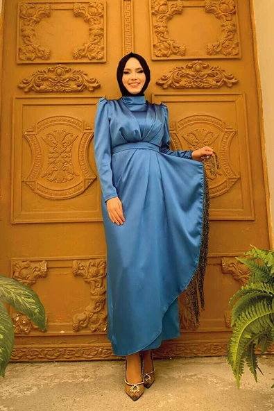 Etek Püskül Detay Kemer Aksesuarlı Saten Abiye Elbise 3763 İndigo - Resim 2