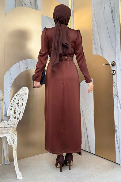 Etek Püskül Detay Kemer Aksesuarlı Saten Abiye Elbise 3763 Kahverengi - Resim 3