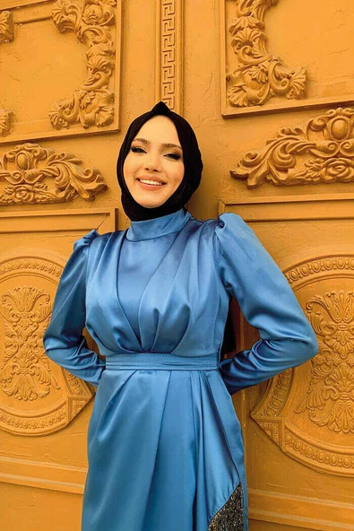 Etek Püskül Detay Kemer Aksesuarlı Saten Abiye Elbise 3763 İndigo - Resim 3