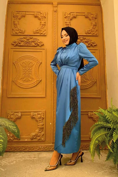 Etek Püskül Detay Kemer Aksesuarlı Saten Abiye Elbise 3763 İndigo - Resim 4