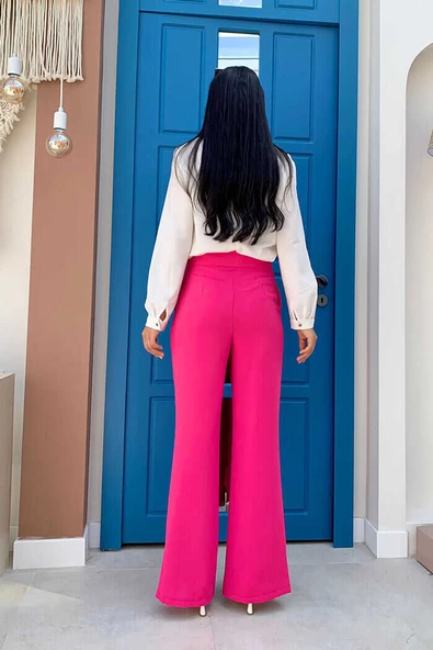 Fermuarlı Yırtmaç Detaylı Cepli Krep Pantolon 0271 Fuşya - 3