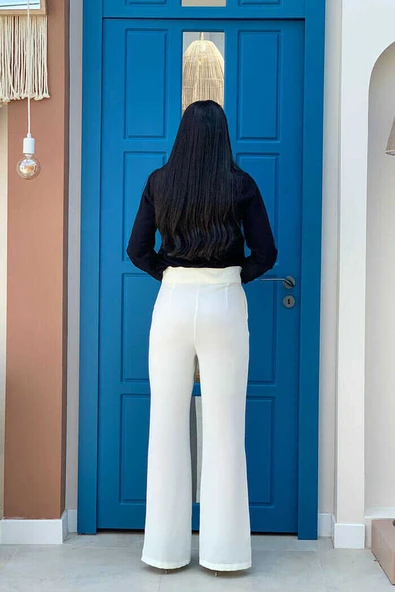 Fermuarlı Yırtmaç Detaylı Cepli Krep Pantolon 0271 Ekru - 4