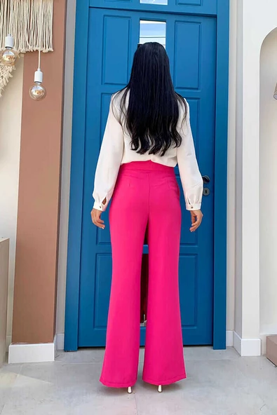 Fermuarlı Yırtmaç Detaylı Cepli Krep Pantolon 0271 Fuşya - 4